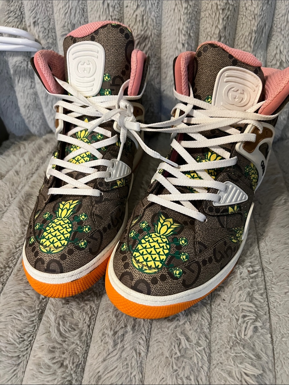 Authentic Men Gucci Brown Pineapple High-Top Sneakers with Pink & Orange Accents
